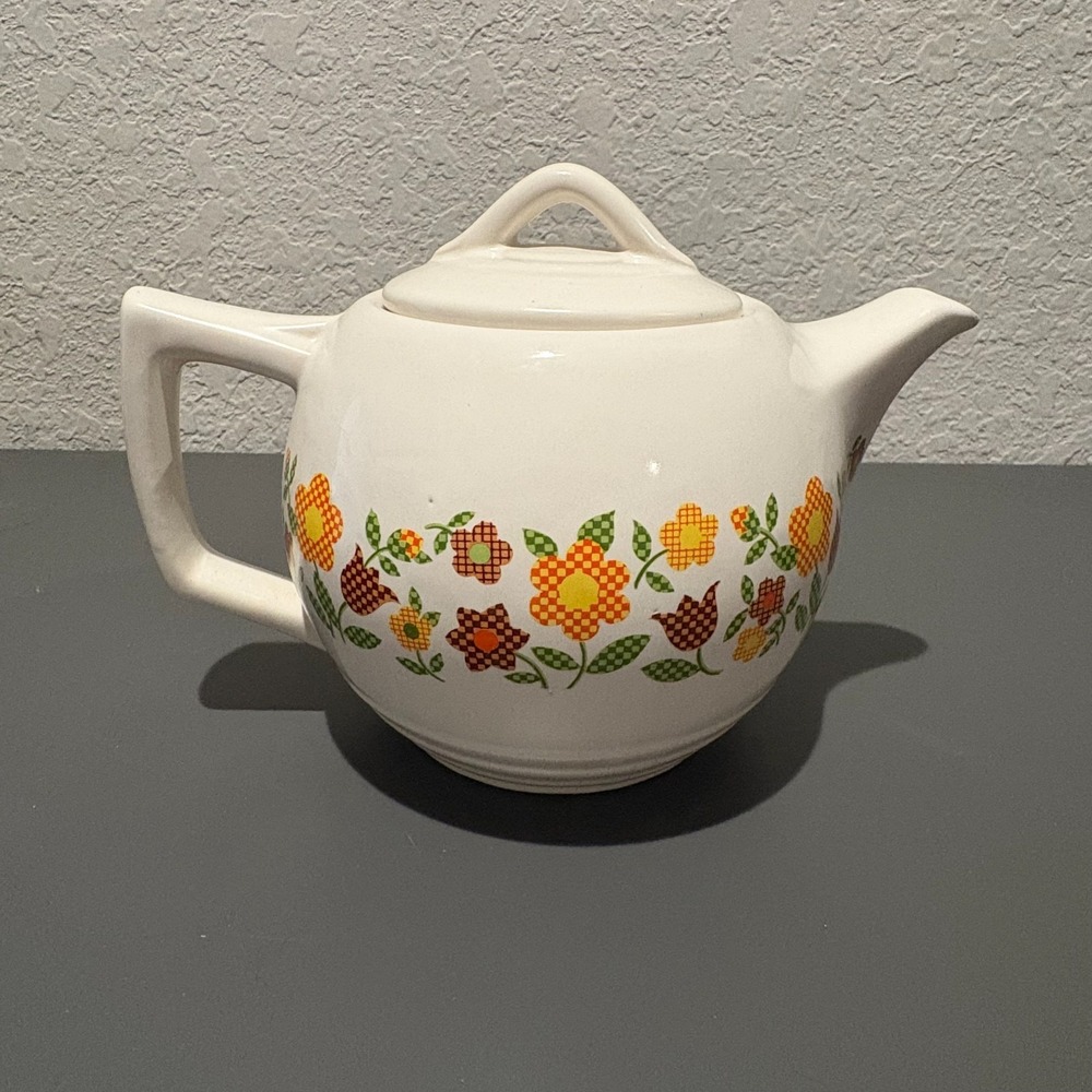 Vintage McCoy Pottery #140 Teapot - White with Gingham Plaid Floral Pattern